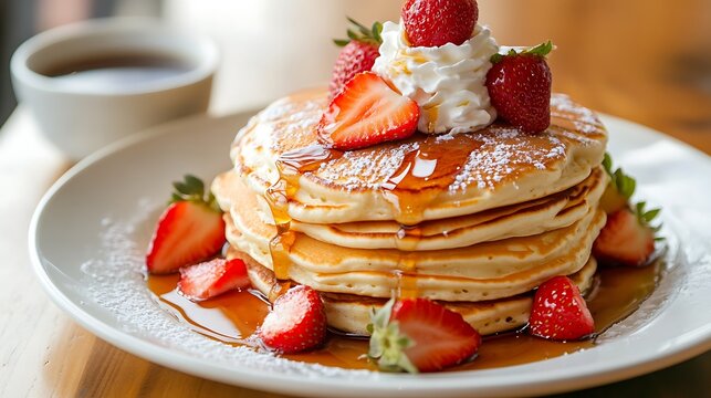 Stack of Fluffy Pancakes Topped with Strawberries, Whipped Cream, and Syrup - Powered by Adobe