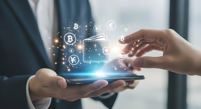 Two businesspeople exchange a digital wallet displayed on a tablet, symbolizing modern financial transactions.