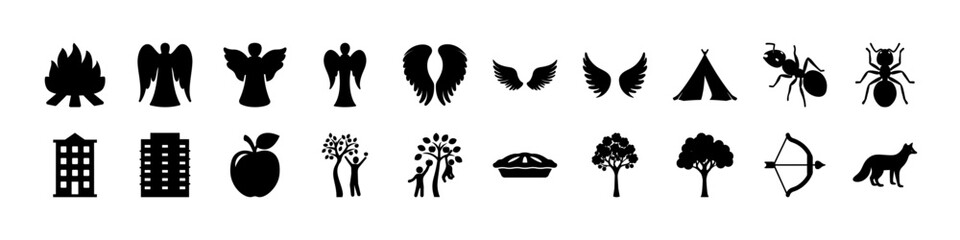 Various Black Silhouette Icons Representing Nature, Mythical Creatures, and Everyday Objects
