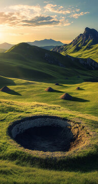 Historical stone structure in grassy bowl-shaped terrain amid rolling hills around Oles rural zone