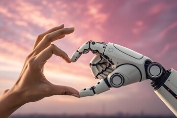 Human and Robot Fingertips making heart sign, Futuristic Concept, Love AI