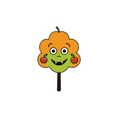 cartoon Halloween tree with smiling trunk and candy