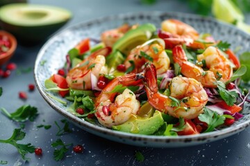 Gourmet king prawn salad with avocado slices, fresh pomegranate seeds, lime vinaigrette and herbs served in rustic ceramic bowl, healthy seafood close up food photography