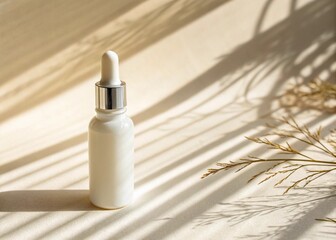 Minimal floating white cosmetic dropper bottle with soft shadow and golden light rays on cream background, centered with negative space.