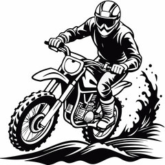 Naklejka premium Dirt Bike Rider Splashing Through Mud – Black and White Motocross Vector Illustration
