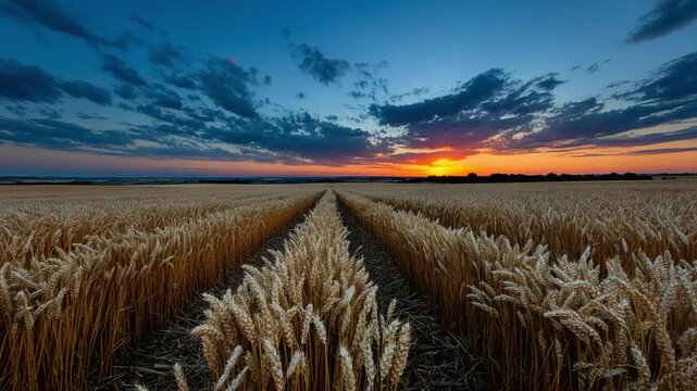 Golden Sunset over the Wheat Field: The sun dips below the horizon, casting a golden glow over a vast wheat field with rows of golden wheat stalks.