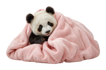 An adorable baby panda snuggles sweetly wrapped in a cozy pink blanket seeking warmth and on transparent background