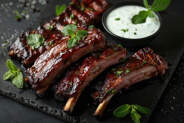 Oven roasted lamb ribs with fresh dill garnish, yogurt mint dip, and rustic presentation on dark background gourmet food photography stock image close up