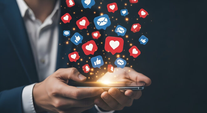 Businessman holding a phone with social media icons erupting from it, representing online engagement.