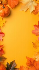 Vibrant form leaves and pumpkins autumn a decorative border on an orange backdrop, providing ample space for text or design elements