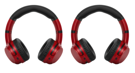 Four identical, sleek, modern wireless over-ear headphones with matte black earpads and glossy red shells, arranged in a horizontal row on a seamless transparent background with copy space, concept