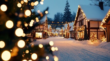Glowing christmas lights illuminating snow dusted homes during quaint village street seasonal twilight, radiating lining warmth and enchantment