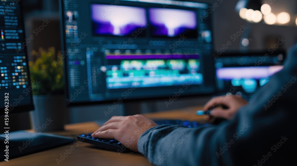 Poster person editing video on computer with multiple screens displaying colorful footage in a dimly lit ro