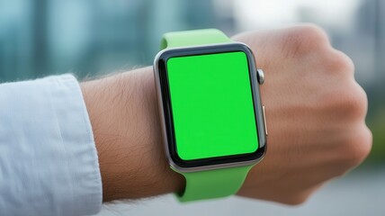 a up of a businessman's hand wearing a smartwatch with Close green screen, ideal for showcasing apps or designs