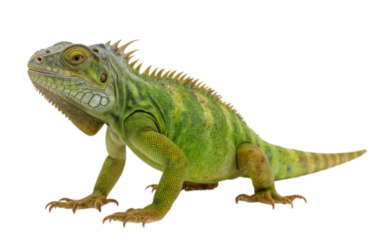 Striking green iguana ready to leap in a pose full of anticipation against a stark black on transparent background