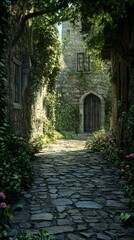 Fototapeta premium Walking Cobblestone Path to Old Stone Building with Vines