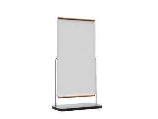 3D Realistic floor standing display mockup with metal base and leather. Blank portable vertical info white placard sign holder stand for presentation poster, banner, ads, products or exhibition info