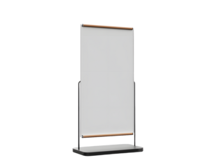 3D Realistic floor standing display mockup with metal base and leather. Blank portable vertical info white placard sign holder stand for presentation poster, banner, ads, products or exhibition info