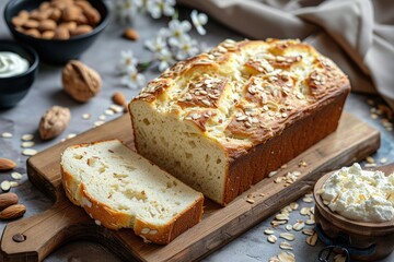 microwavable almond flour quick bread loaf baked with cream, cottage cheese and walnuts, rustic sliced bread served on wooden board for farmhouse gluten free food photography