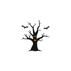 haunted tree with glowing owl and bats around  clean vector