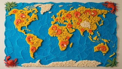a world map made out of spaghetti and seafood