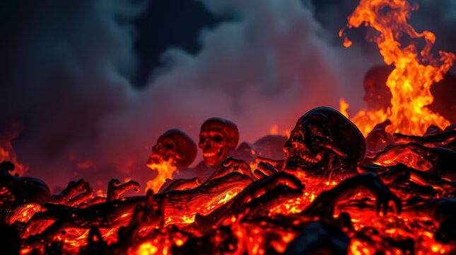 Scary hellscape with skulls and fire burning in the abyss of the underworld horror