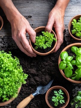Hands planting fresh herbs in terracotta pots on a wooden table surrounded by soil and greenery