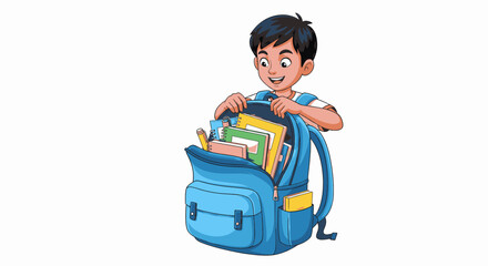 A young boy happily opening his blue backpack, filled with school supplies.
