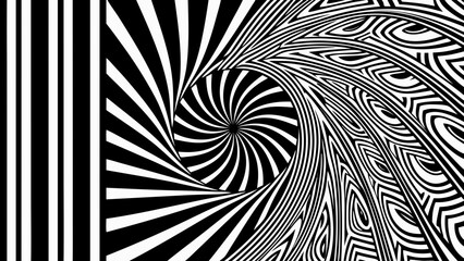 Abstract black and white spiral pattern with striped design  