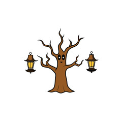 haunted tree with lanterns and ghost faces  clean vector