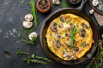 rustic mushroom omelette stuffed with brie cheese and flavored with truffle aroma topped with parsley served on dark moody background for gourmet food photography breakfast stock