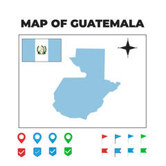 Detailed Vector Map of Guatemala with National Flag, Navigation Icons, and Location Pins - Geographic Outline, Silhouette, and Territory Highlight for Central American Travel, Culture, and Indigenous 