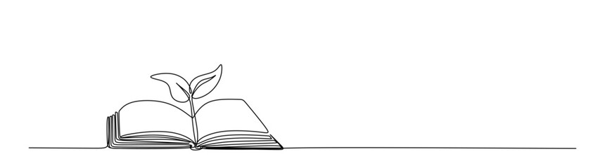 Drawing of an open book with a plant sprout in one continuous line. Symbol of education  reading and writing in one line style . 