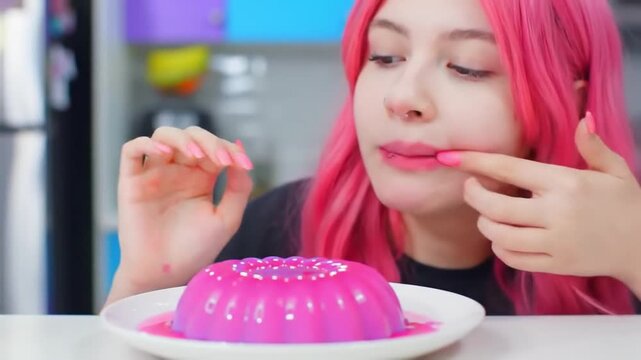 A teen eats a jelly dessert that jiggles too much