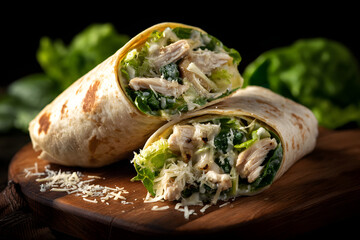 Two chicken Caesar salad wraps on wooden board ready to be served for lunch