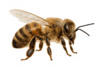 Honey bee walking, detailed view highlighting fuzzy body, translucent wings against transparent background