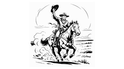 Cowboy Riding Horse Waving Hat &ndash; Action Western Comic Line Art

