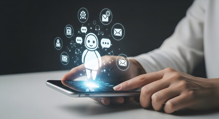 Person holding smartphone displaying a digital chatbot and communication icons.