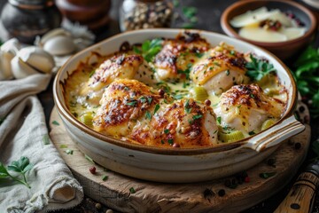 oven roasted mustard chicken with cheesy leek gratin, baked potatoes, fresh garlic cloves and rosemary sprigs in rustic black casserole pan on wooden surface for cozy family dinner