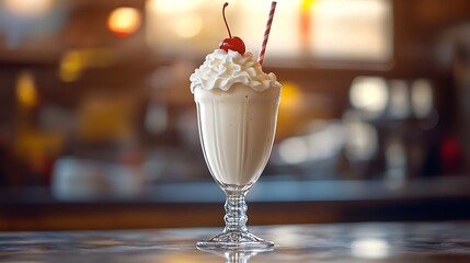Creamy Milkshake Topped with Whipped Cream and a Cherry