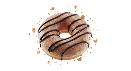 Glazed Doughnut mid-air with crumbs. splashes. or particles frozen in motion. with yellow background