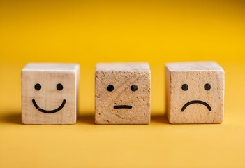 Wooden blocks showing different emotion faces on yellow background