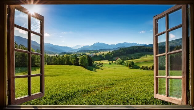 Fototapeta a picturesque countryside view through an open window with green fields and mountains in the background