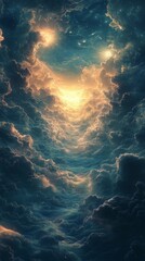 Fototapeta premium Skyward Gaze Sunlit Clouds Reaching Towards the Heavens