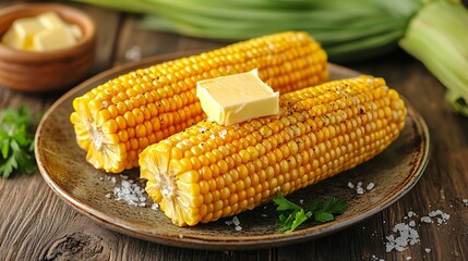 Corn on the Cob with Butter and Salt on a Rustic Plate