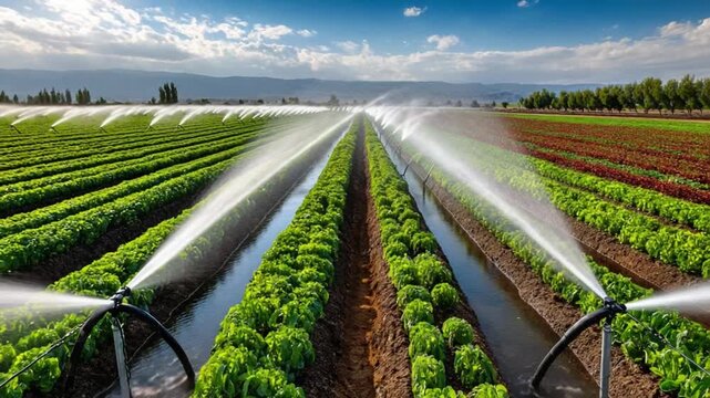 Irrigation's Embrace: A vibrant display of modern agricultural practices showcasing an irrigation system watering lush green fields under a beautiful sky.