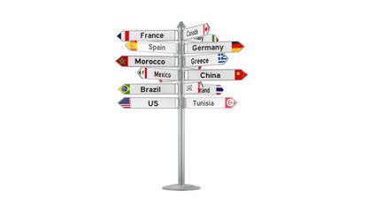 Directional signpost featuring country flags against a black background indicates global destinations for international travel and exploration.