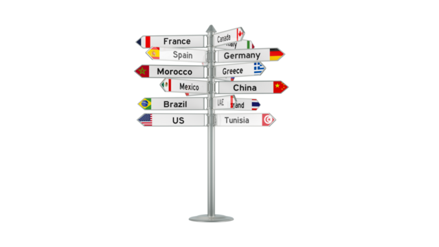 Directional signpost featuring country flags against a black background indicates global destinations for international travel and exploration.