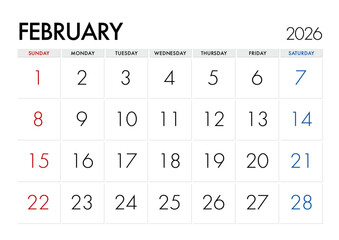 2026年2月のカレンダー日曜始まり 日本の祝日表記無し