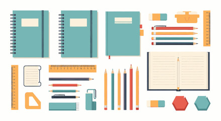 Assorted school supplies arranged in a flat design, including notebooks, pens, pencils, erasers, and rulers.